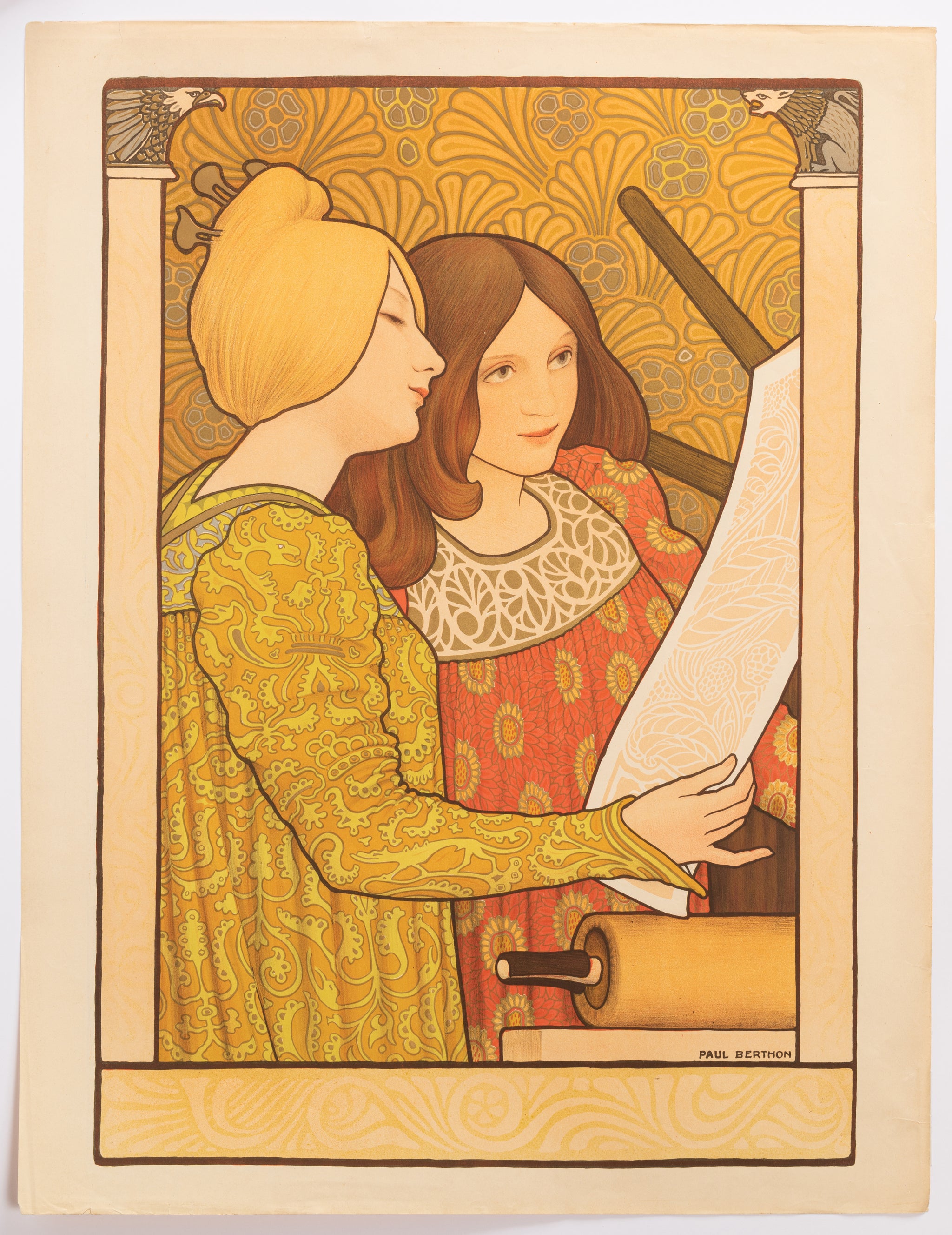[Deux jeunes filles devant une presse].  c.1900.