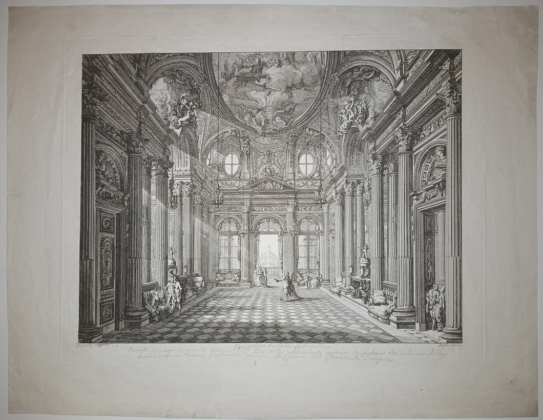 Intérieur du grand salon, vers l’un des petits côtés. [Perspective du grand Salon du Palazzo Serra, anciennement « Spinola », Gênes]. 1777.