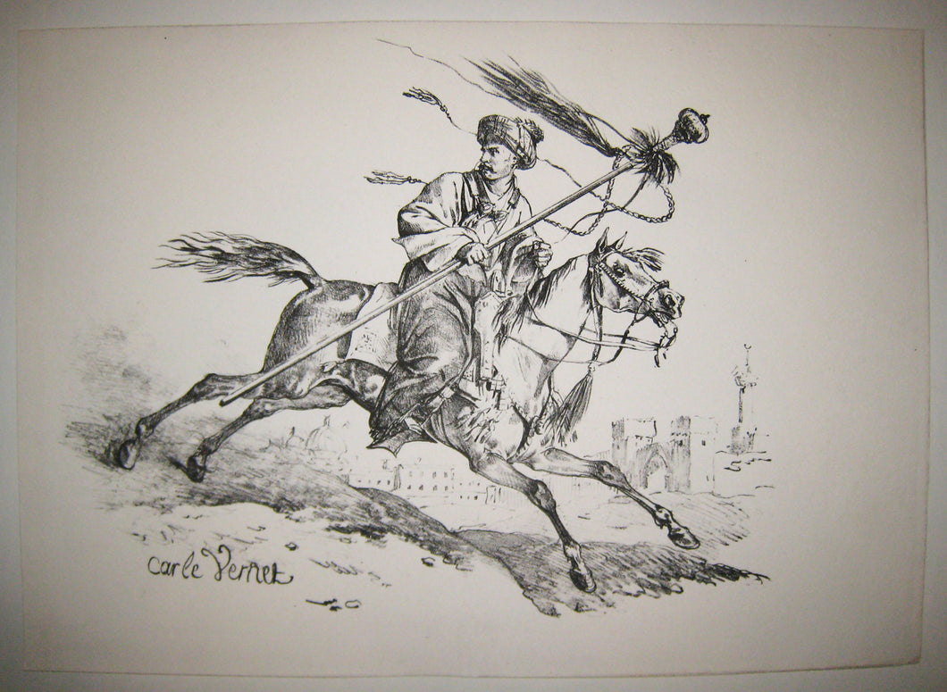 Mamelouk, une lance dans la main droite, sur un cheval au galop.