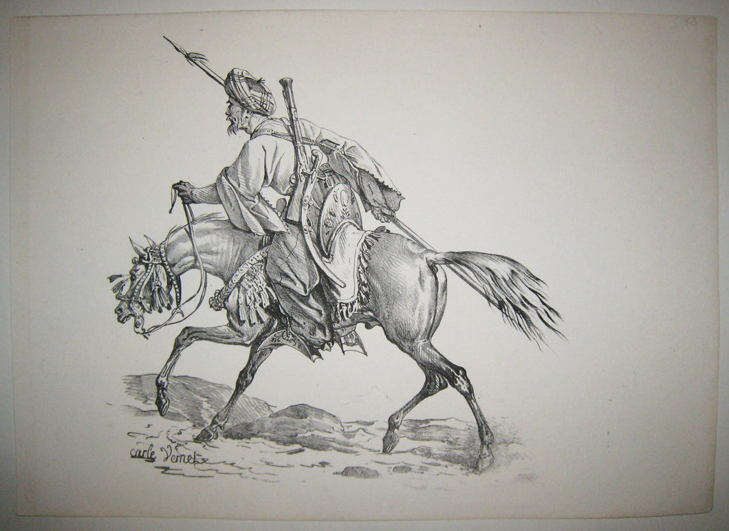 Mamelouk, une lance dans la main droite, au galop sur un cheval épuisé.