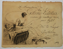 Charger l&#39;image dans la galerie, La Direction de la Galerie Lutetia envoie les meilleurs vœux pour 1921, à Mr Ed. Sagot, Paris le 31 déc. 1920. (Jeune élégante assise regardant des estampes).
