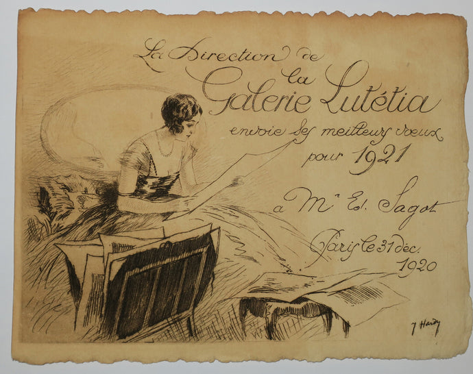 La Direction de la Galerie Lutetia envoie les meilleurs vœux pour 1921, à Mr Ed. Sagot, Paris le 31 déc. 1920. (Jeune élégante assise regardant des estampes).