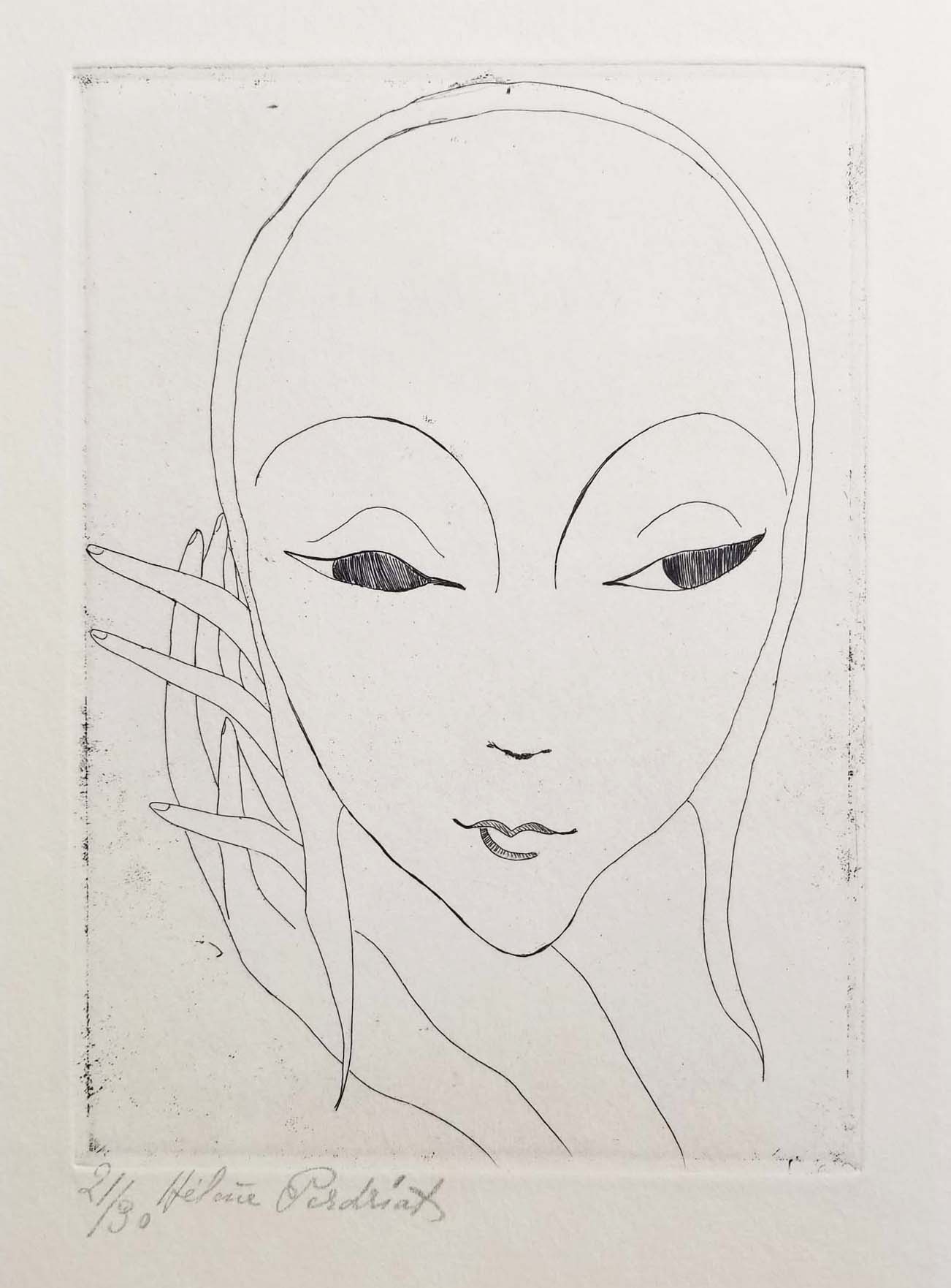 [Tête de femme, main jointes contre la joue].