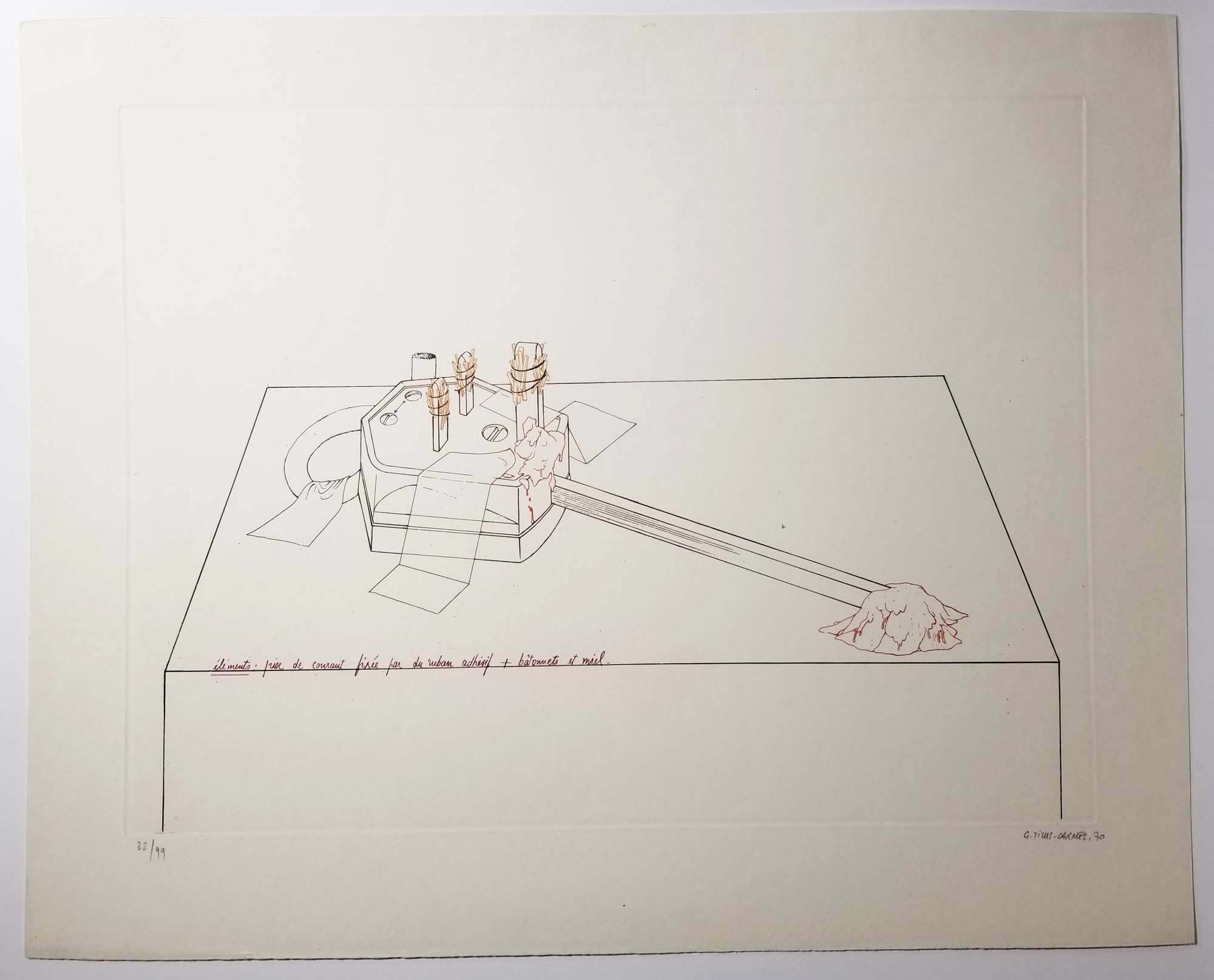 [Eléments. Prise de courant fixée par du ruban adhésif & bâtonnets de miel]. 1970.