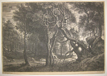 Charger l&#39;image dans la galerie, [Paysage avec un chasseur et des chiens poursuivant un cerf parti dans la forêt].
