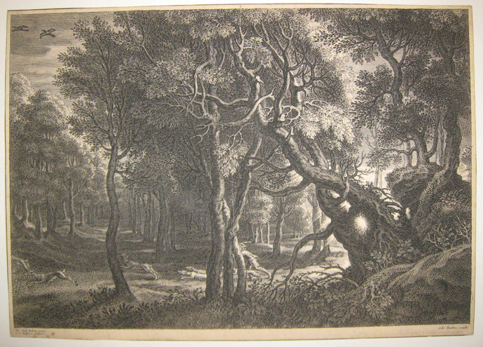 [Paysage avec un chasseur et des chiens poursuivant un cerf parti dans la forêt].