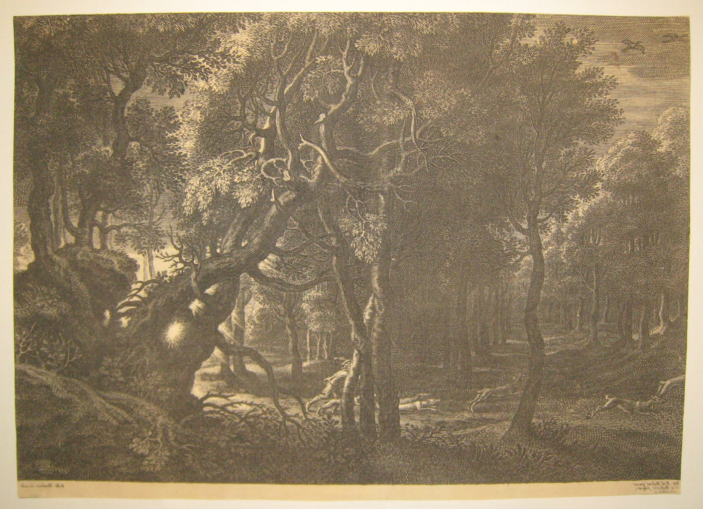 [Paysage avec un chasseur et des chiens poursuivant un cerf parti dans la forêt].