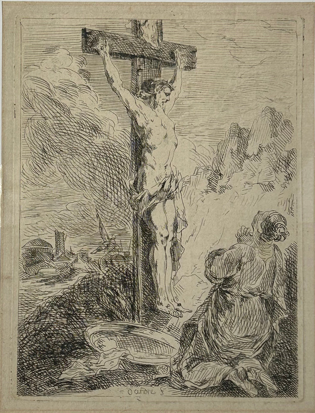 Le Christ en croix et Marie-Madeleine agenouillée à droite.