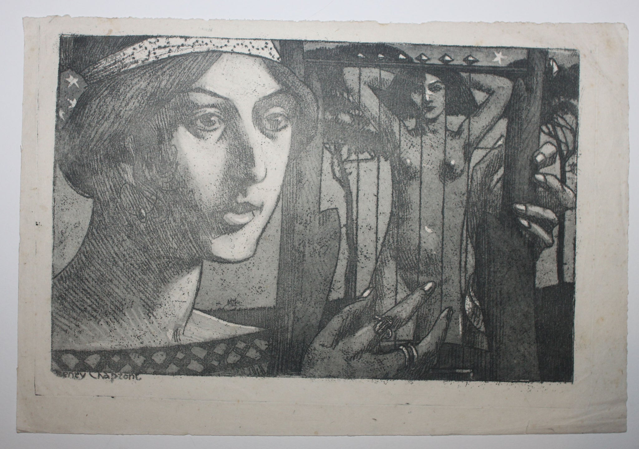 [Tête de femme et une autre femme dénudée derrière une grille]. 