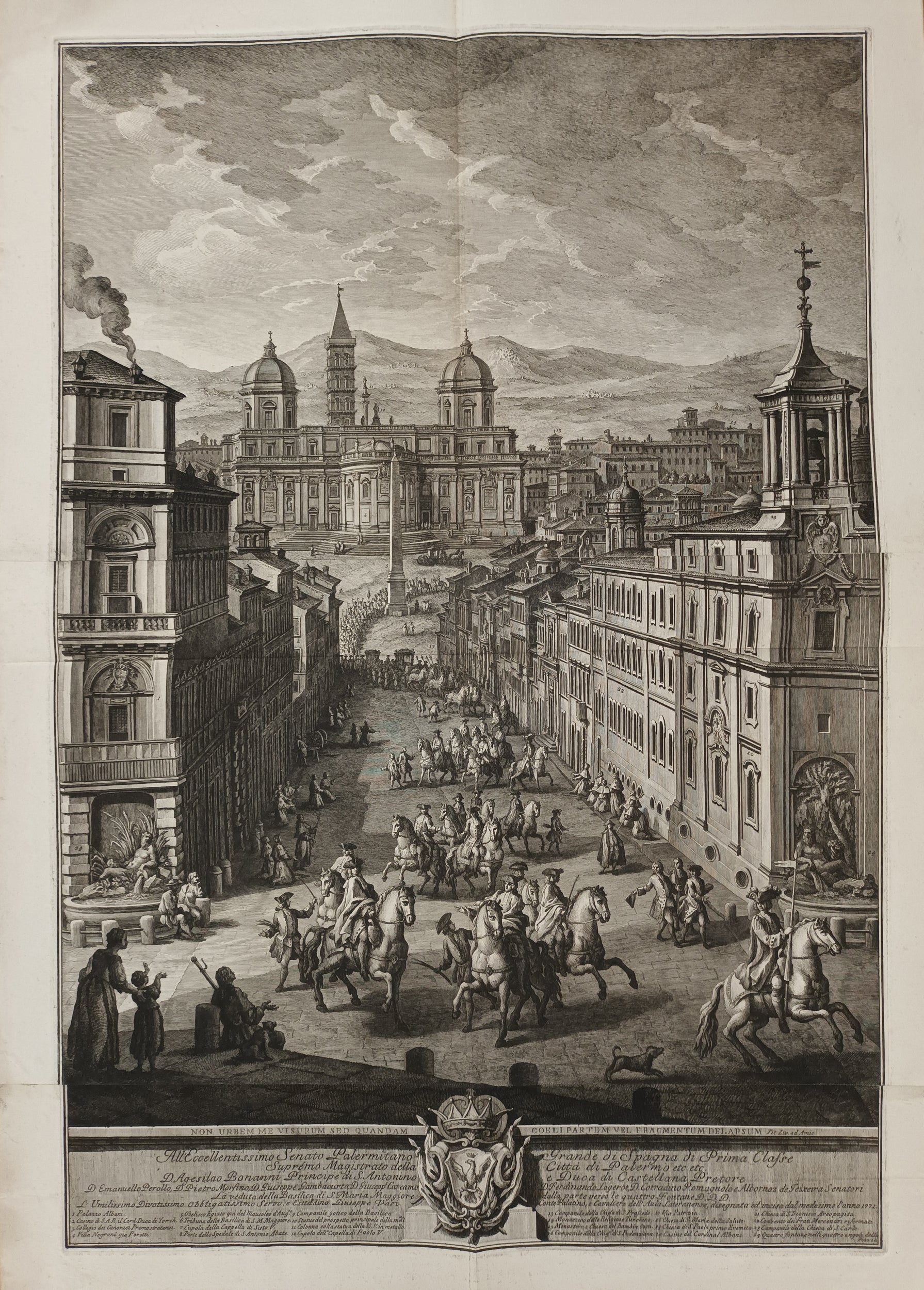 Quatre vues monumentales de Rome : Campo Vaccino ; Pont et Château Saint Ange ; Saint Paul et le Mont Aventin ; basilique Sainte-Marie-Majeure. 1765-1771.