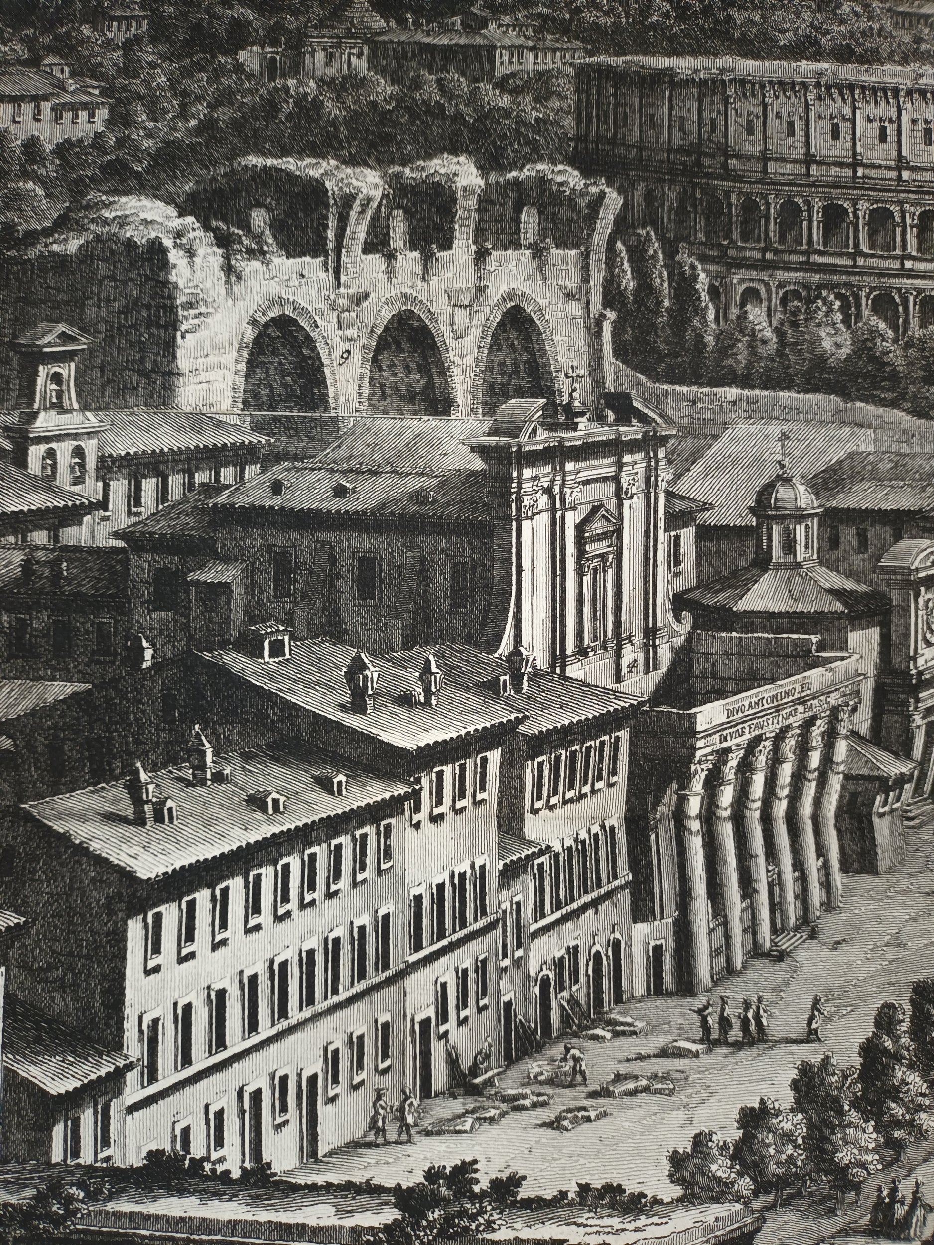 Quatre vues monumentales de Rome : Campo Vaccino ; Pont et Château Saint Ange ; Saint Paul et le Mont Aventin ; basilique Sainte-Marie-Majeure. 1765-1771.