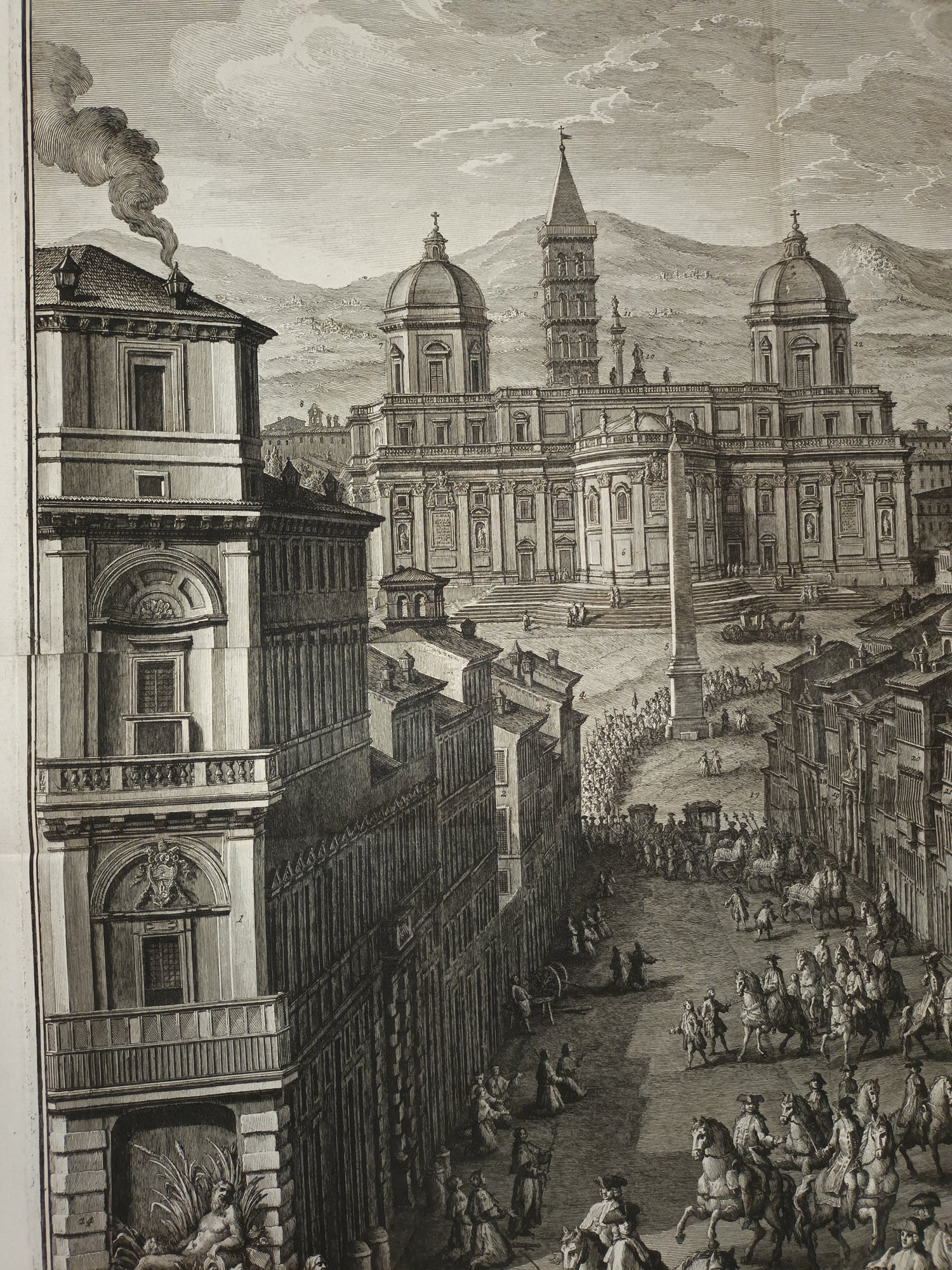 Quatre vues monumentales de Rome : Campo Vaccino ; Pont et Château Saint Ange ; Saint Paul et le Mont Aventin ; basilique Sainte-Marie-Majeure. 1765-1771.