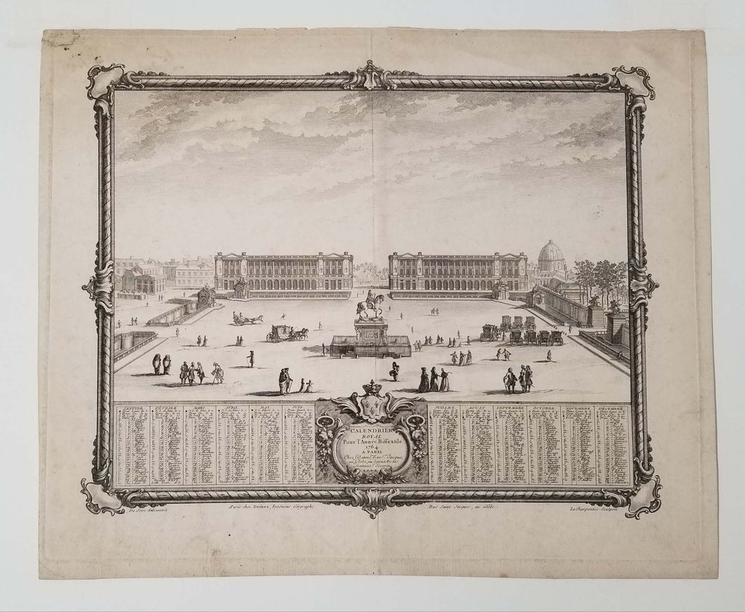 Calendrier Royal pour l'Année Bissextile 1764. [Vue de la Place Louis XV, aujourd'hui place de la Concorde]. c.1764.