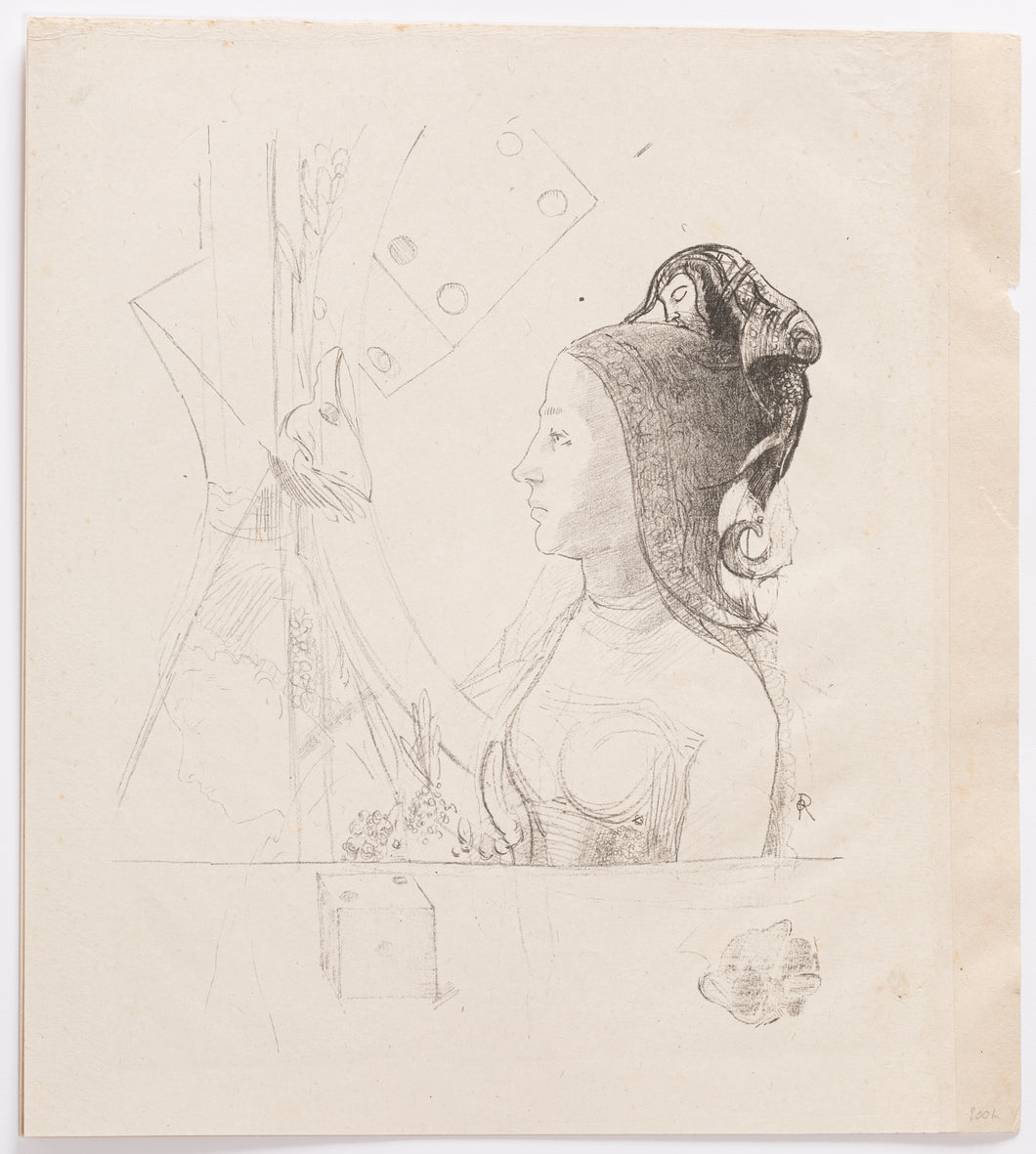 Femme de profil gauche, coiffée d'un hennin. Planche d'essai.  1898.