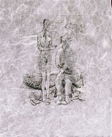 Femme nue debout et homme assis tenant dans ses mains un tire-bouchon.