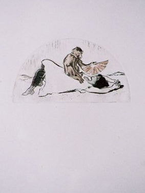 Femme allongée, un singe l'éventant.