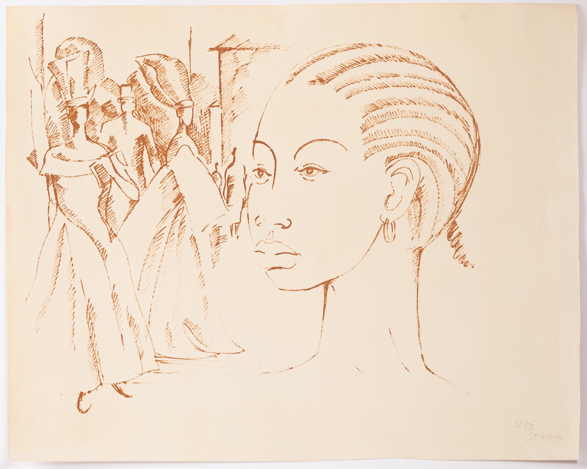 [Tête de femme de trois quart gauche, et personnages].