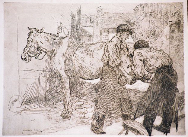 Deux hommes ferrant le cheval. 1901.