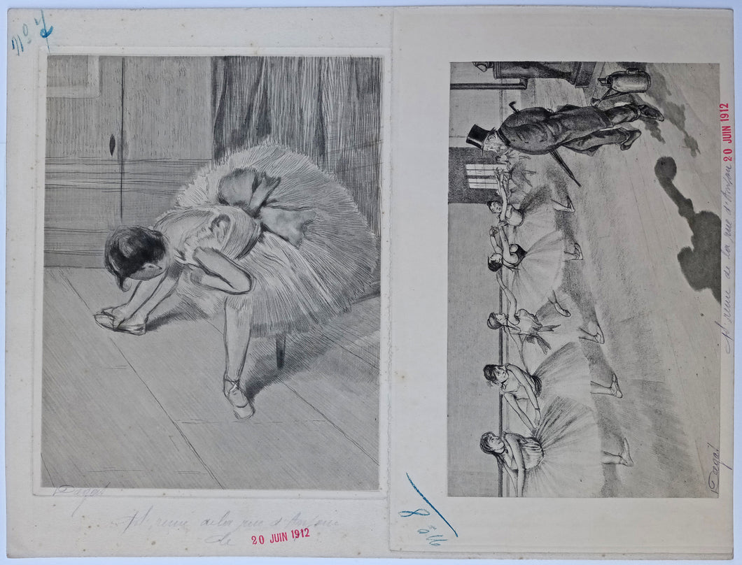 Danseuse rajustant son chausson, et Edgar Degas et des danseuses à la barre.