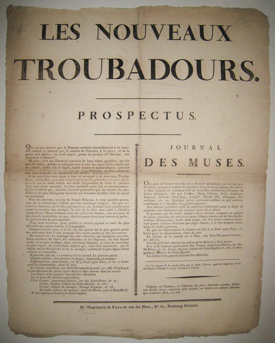 Affiche Prospectus pour Les nouveaux Troubadours ou Journal des Muses de Pougin. 