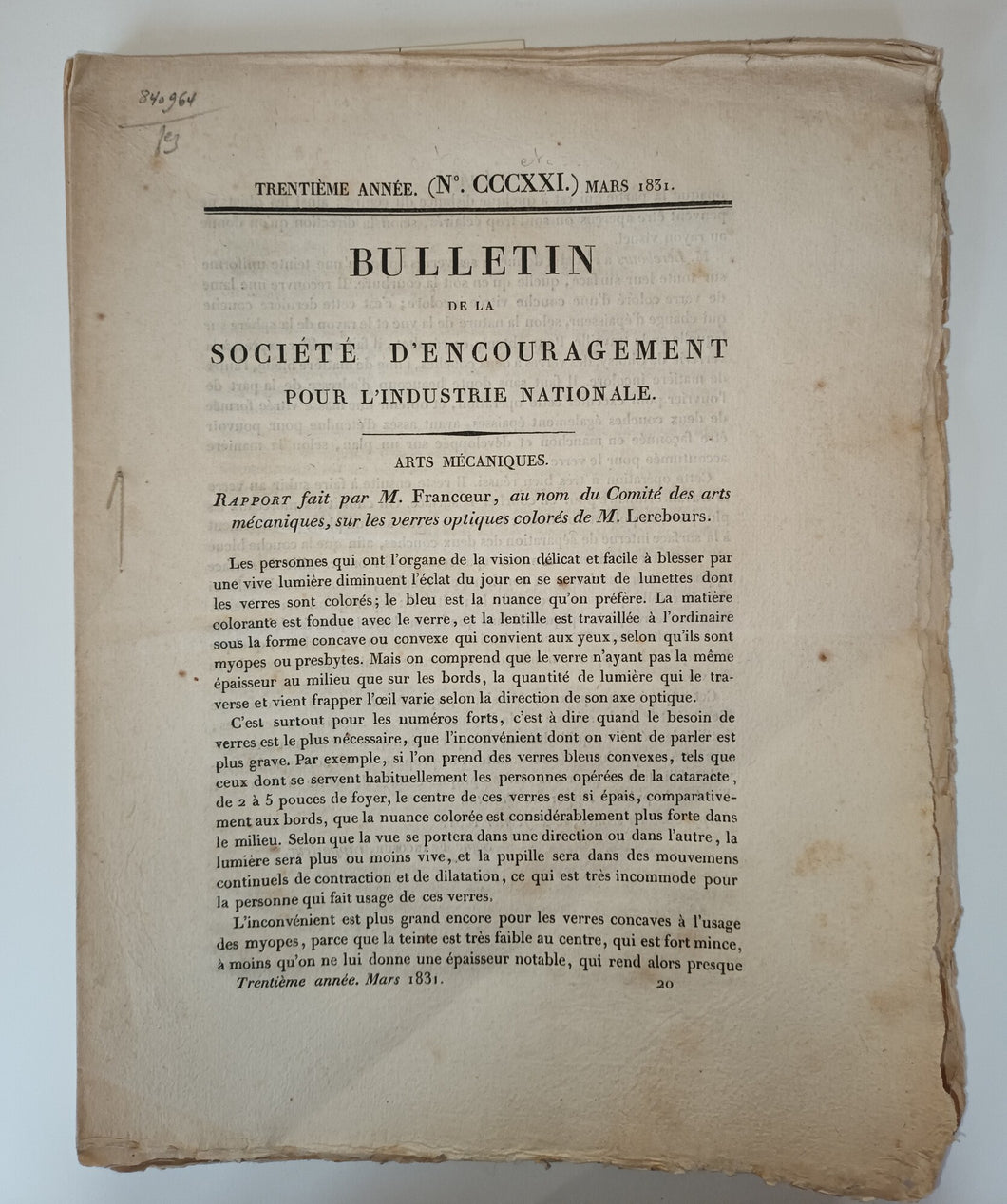 Bulletin de la société d’encouragement pour l’industrie nationale.1831.