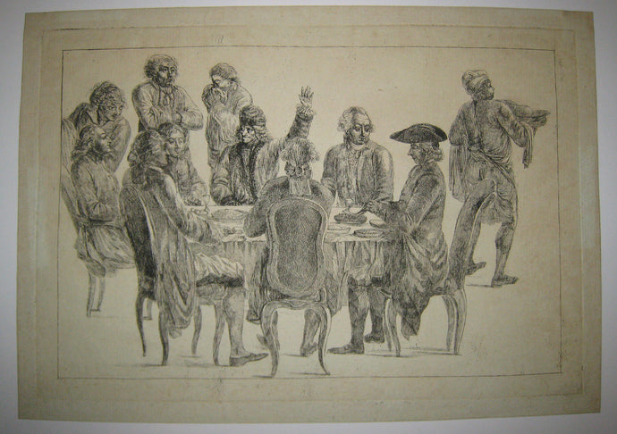 Le dîner des Philosophes, réunissant Voltaire, Le Père Adam, D'Alembert, Diderot, l'Abbé Maury, le Marquis de Condorcet et La Harpe.