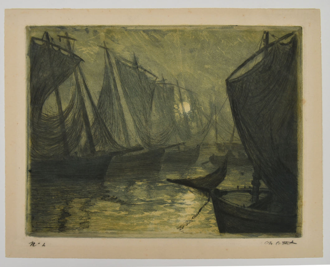 Barques de pêche dans le port, 
ou Filets, rayon du soir.