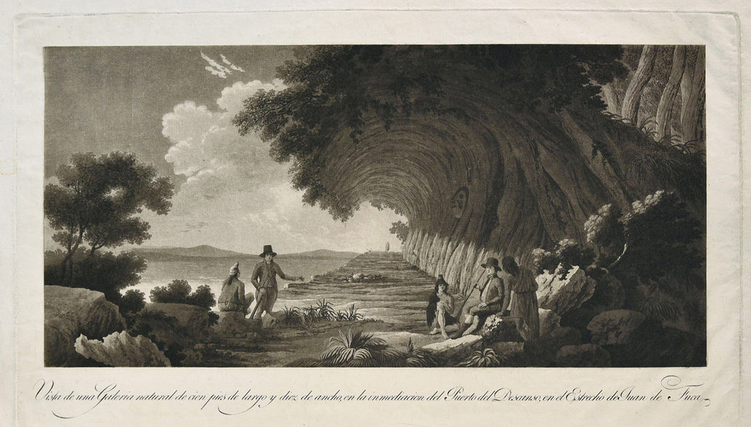 Vista de una Galería natural de cien pies de largo y diez de ancho, en la inmediación del Puerto del Descanso, en el Estrecho de Juan de Fuca, vers 1796