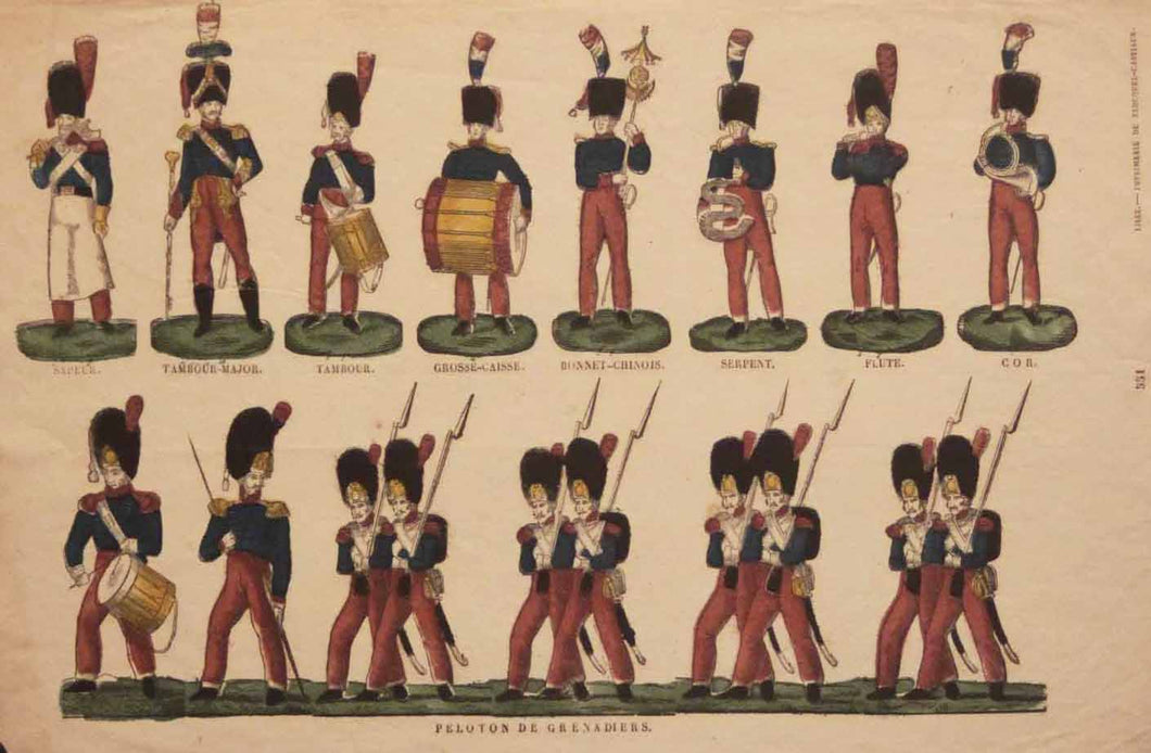 Militaires. (Sapeur, Tambour-Major, Tambour, Grosse-caisse, Bonnet-Chinois, Serpent, Flute, Cor et Peloton de grenadiers).