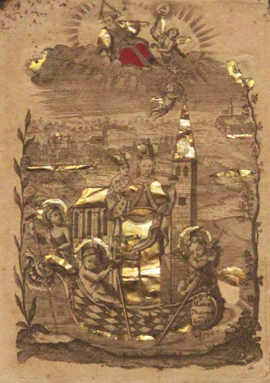 [Sainte Vierge et l'Enfant sur une barque avec un ange à chaque extrémité de ce dernier].