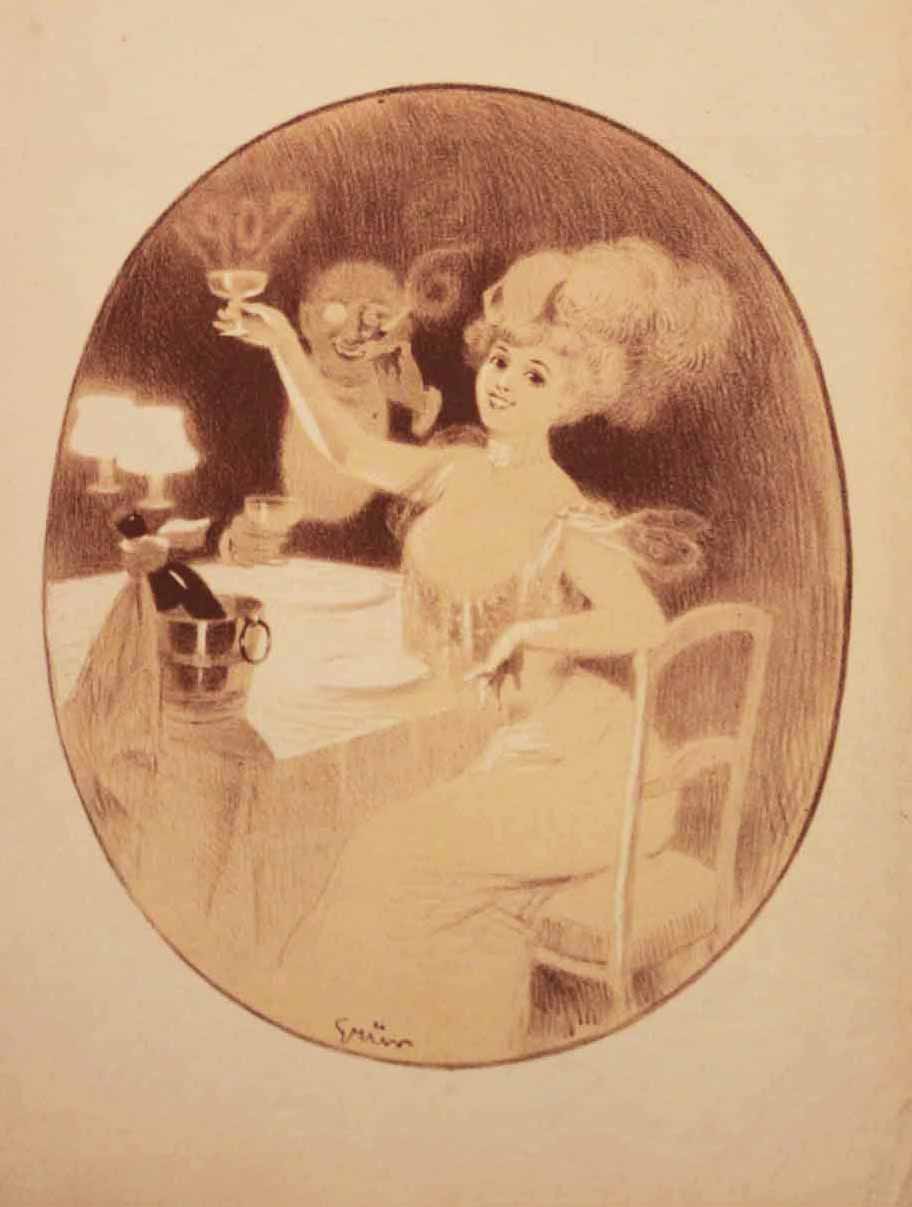 [La Femme avec une coupe de champagne] (Carte de vœux). 1907.