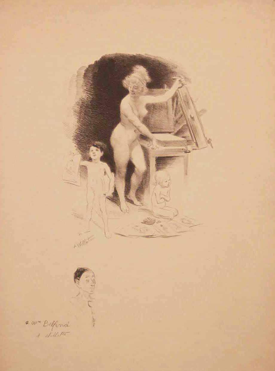 [Jeune femme dénudée, accompagnée de deux enfants, imprimant des estampes].