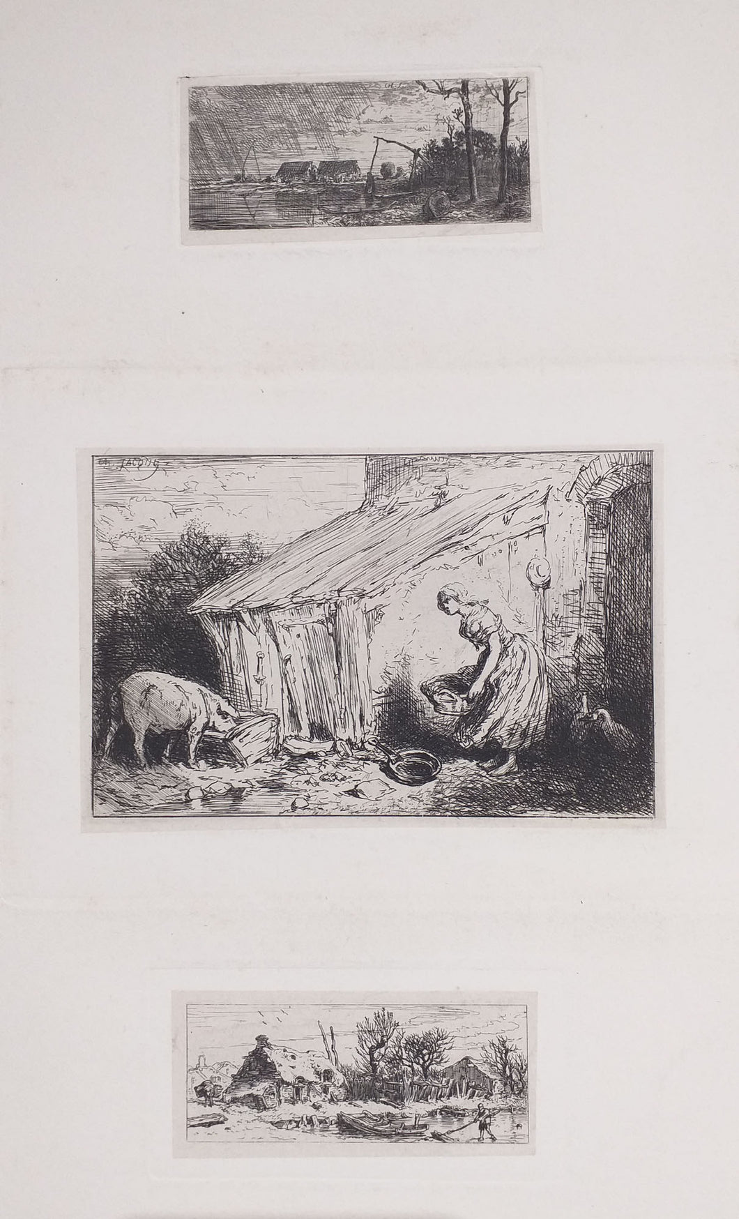 Paysage de rivière, 1844. Toit à porcs, 1846. L'étang gelé (petite planche), 1845.