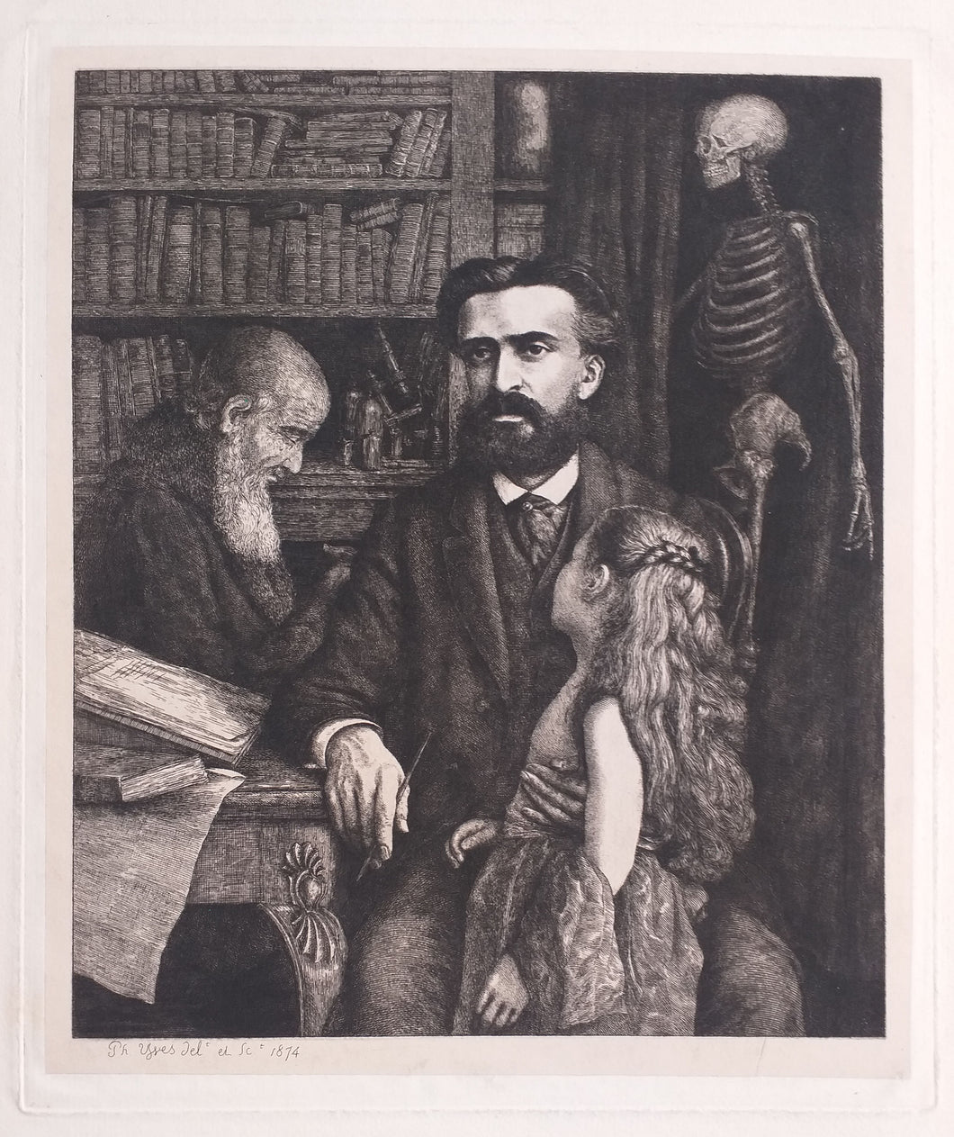 [Portrait d'homme et de jeune fille dans un cabinet de travail, un homme barbu de profil et un squelette dans le fond].  1874.