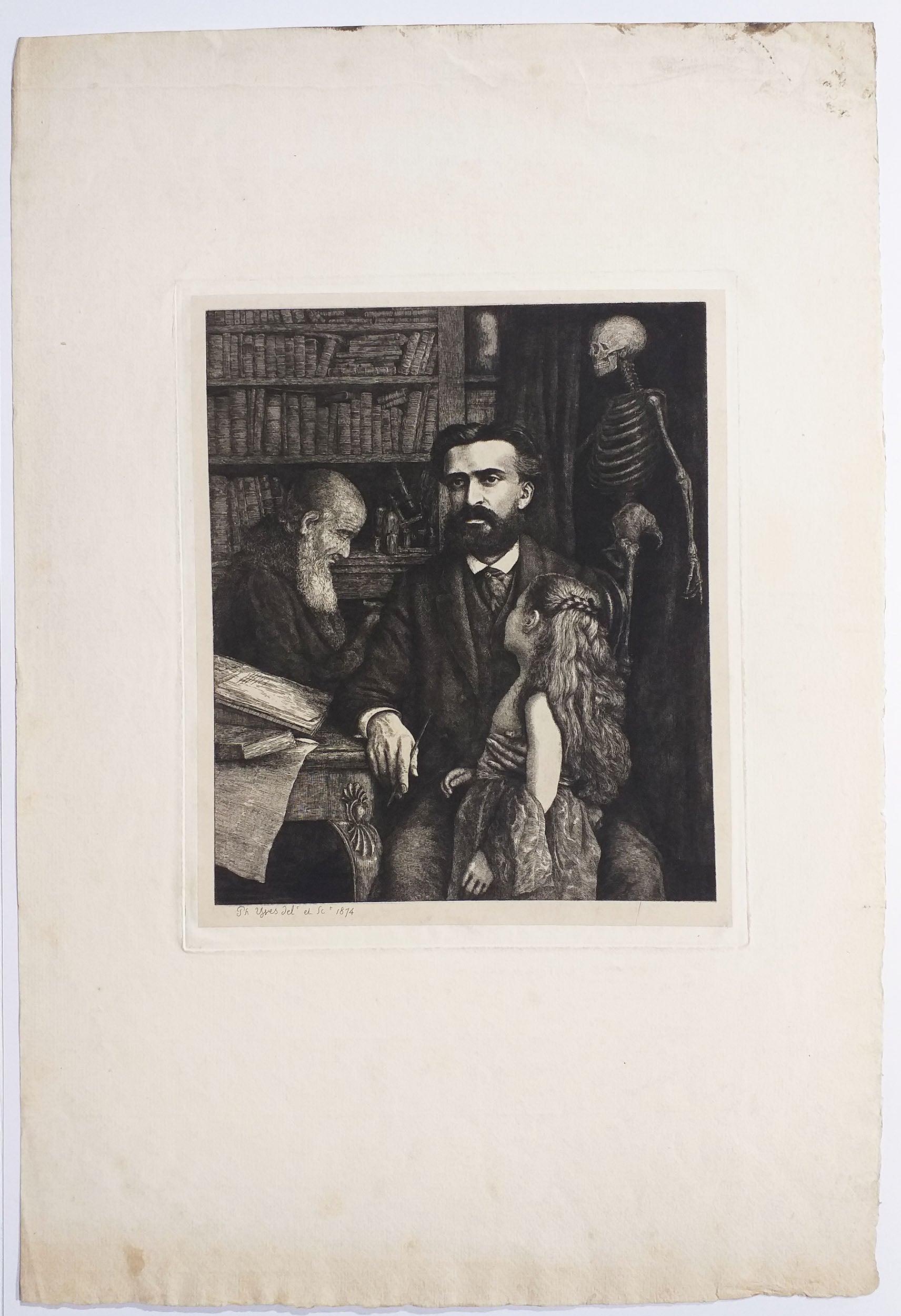 [Portrait d'homme et de jeune fille dans un cabinet de travail, un homme barbu de profil et un squelette dans le fond].  1874.