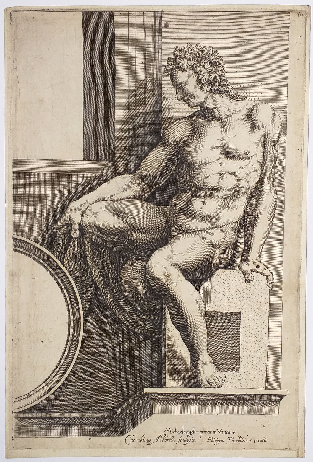 Homme nu (Ignudo), assis de face à gauche, tenant un morceau de tissu.  1580-1590.