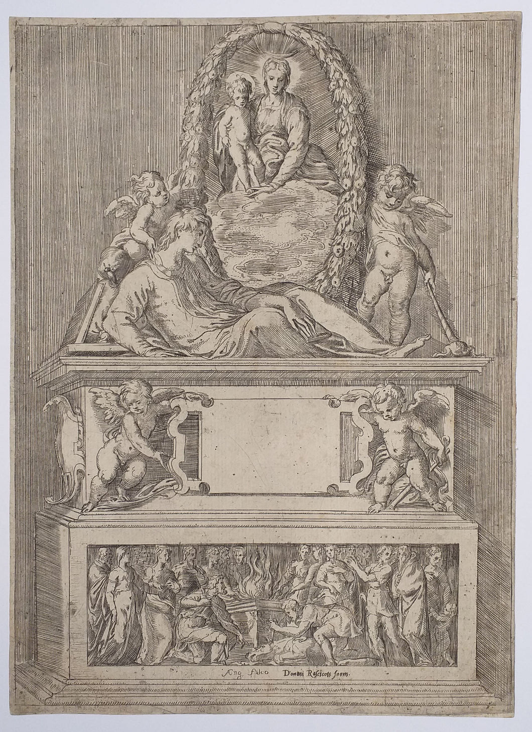 Tombe surmontée d'une Vierge à l'enfant dans une couronne ovale.  1555-1565.
