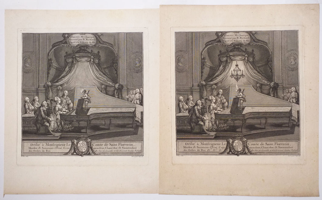 Le Concert Méchanique, inventé par R. Richard, exposé à la Bibliothèque du Roi. Dédié à Monseigneur le Comte de Saint Florentin, Ministre et Secrétaire d'Etat Commandeur, Chancelier et Surintendant des Ordres du Roi.  1769.