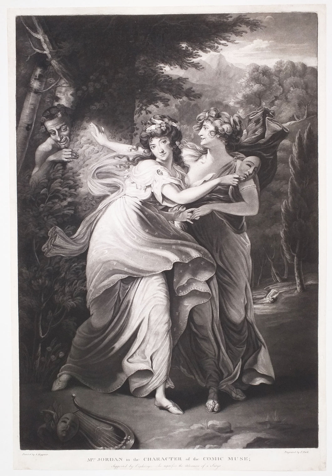 Mrs Jordan in the character of the comic Muse; supported by Euphrosyne who represses the advances of a Satyr. (Portrait de l'actrice Dorothy Jordan).  1787.