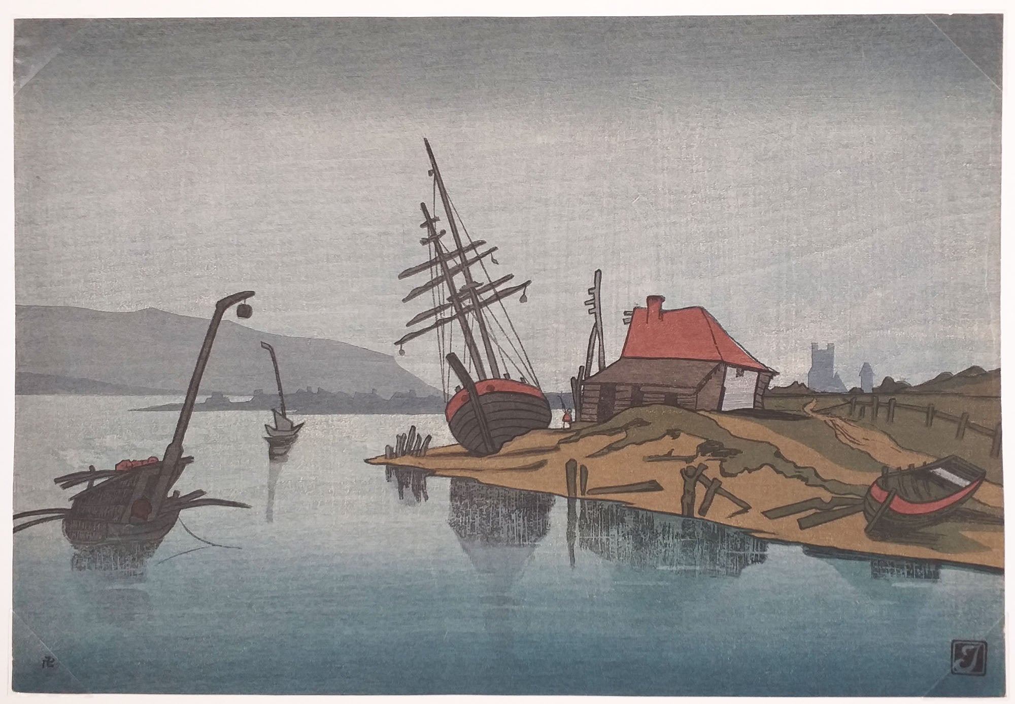 [Voilier et maison de pêcheur la nuit].