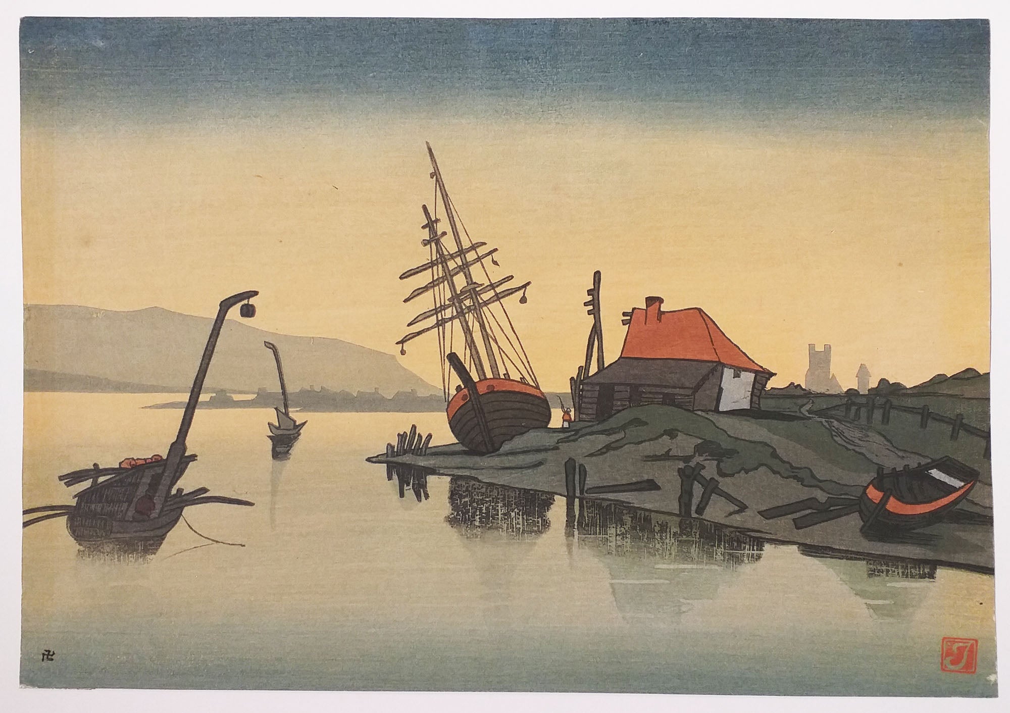 [Voilier et maison de pêcheur la nuit].