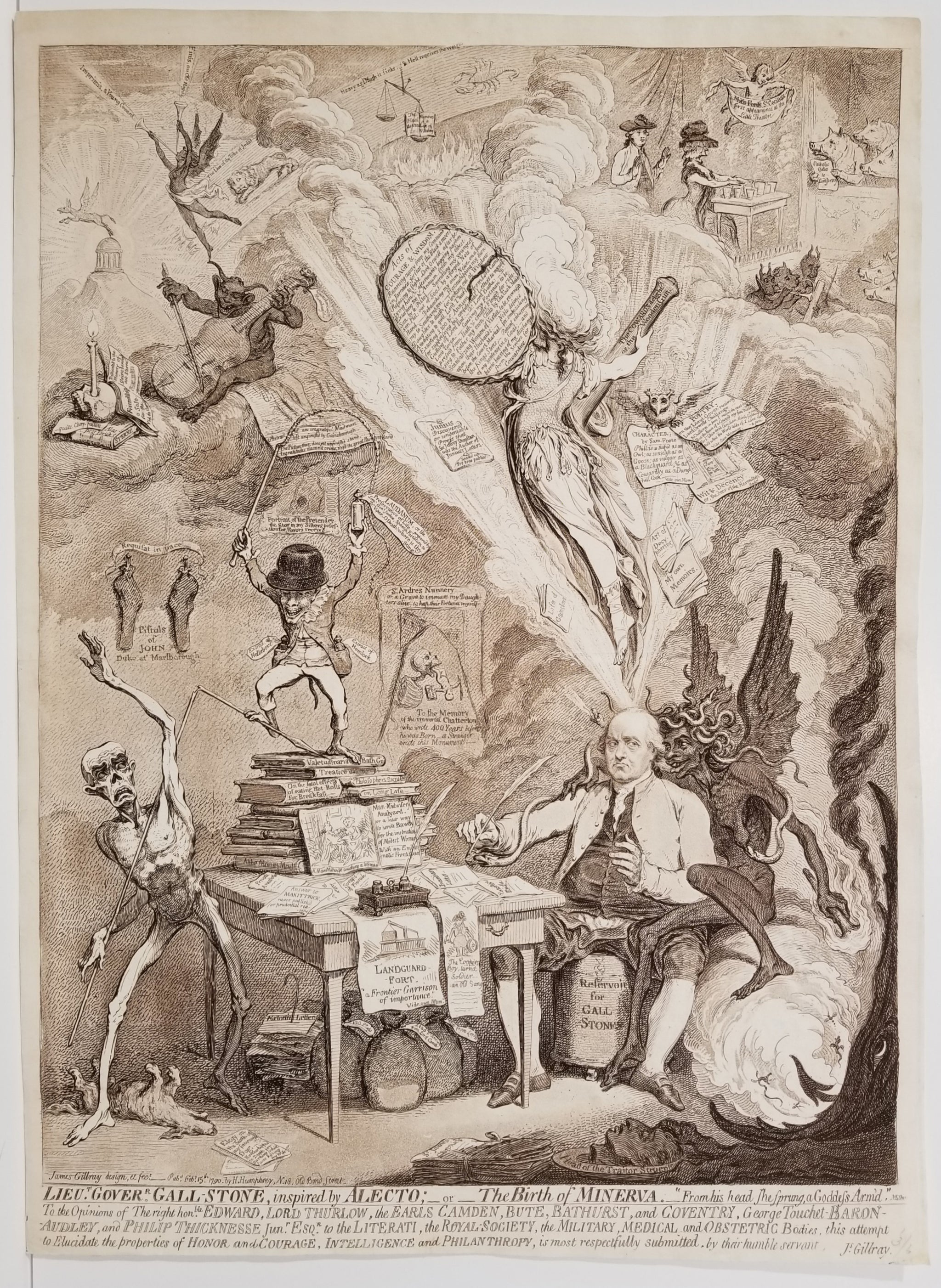 Lieutenant-gouverneur Gall-Stone, inspiré par Alecto, ou La naissance de Minerve (Lieut. Goverr gall-stone, inspired by Alecto;-or- The birth of Minerva). 1790.