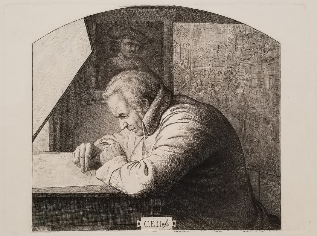 Portrait de Carl Ernst Hess au travail sur sa grande gravure de l'Adoration des Mages d'après Gérard David.  Vers 1850.