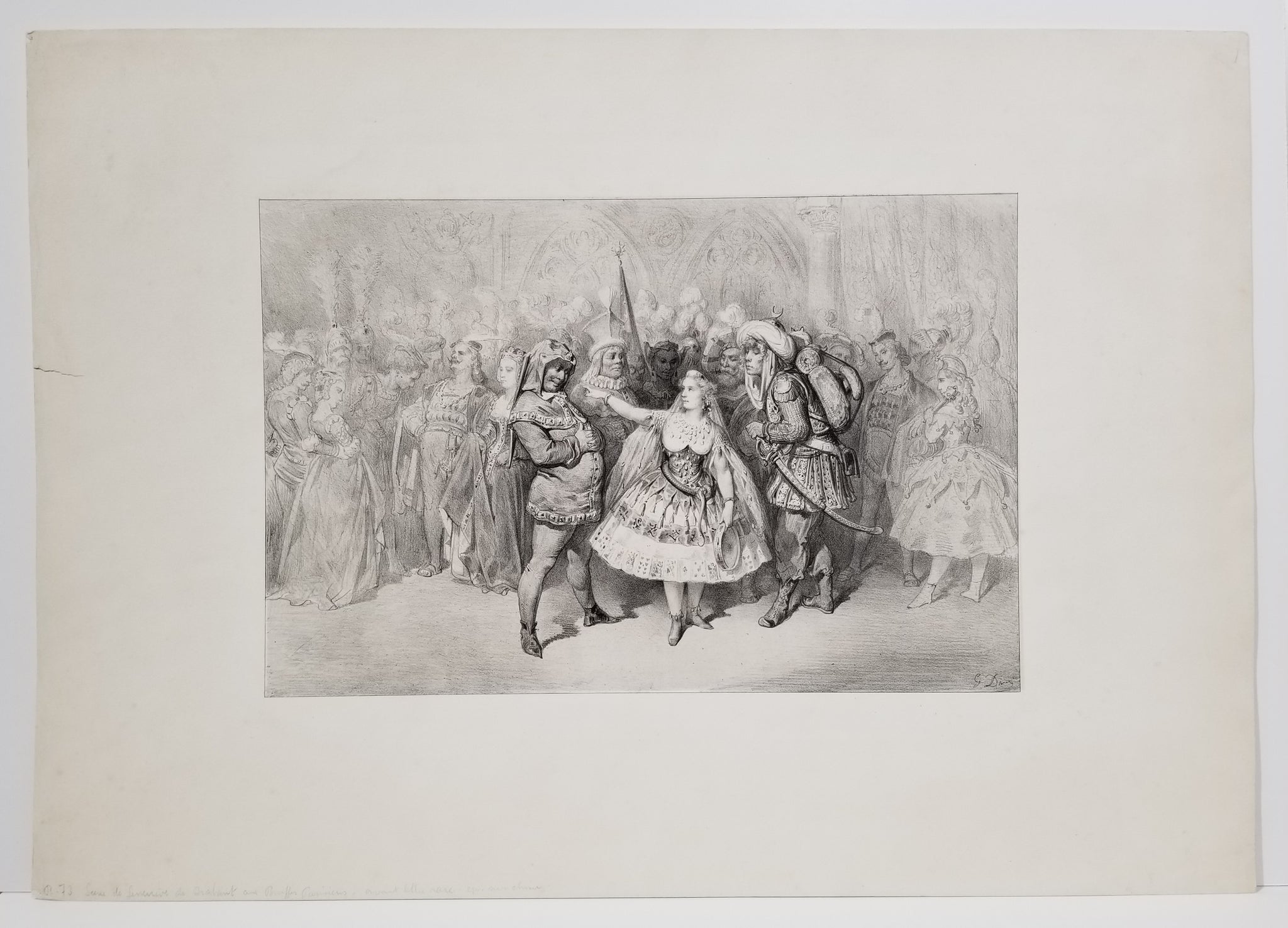 Scène de Geneviève de Brabant aux Bouffes Parisiens.  Vers 1860.