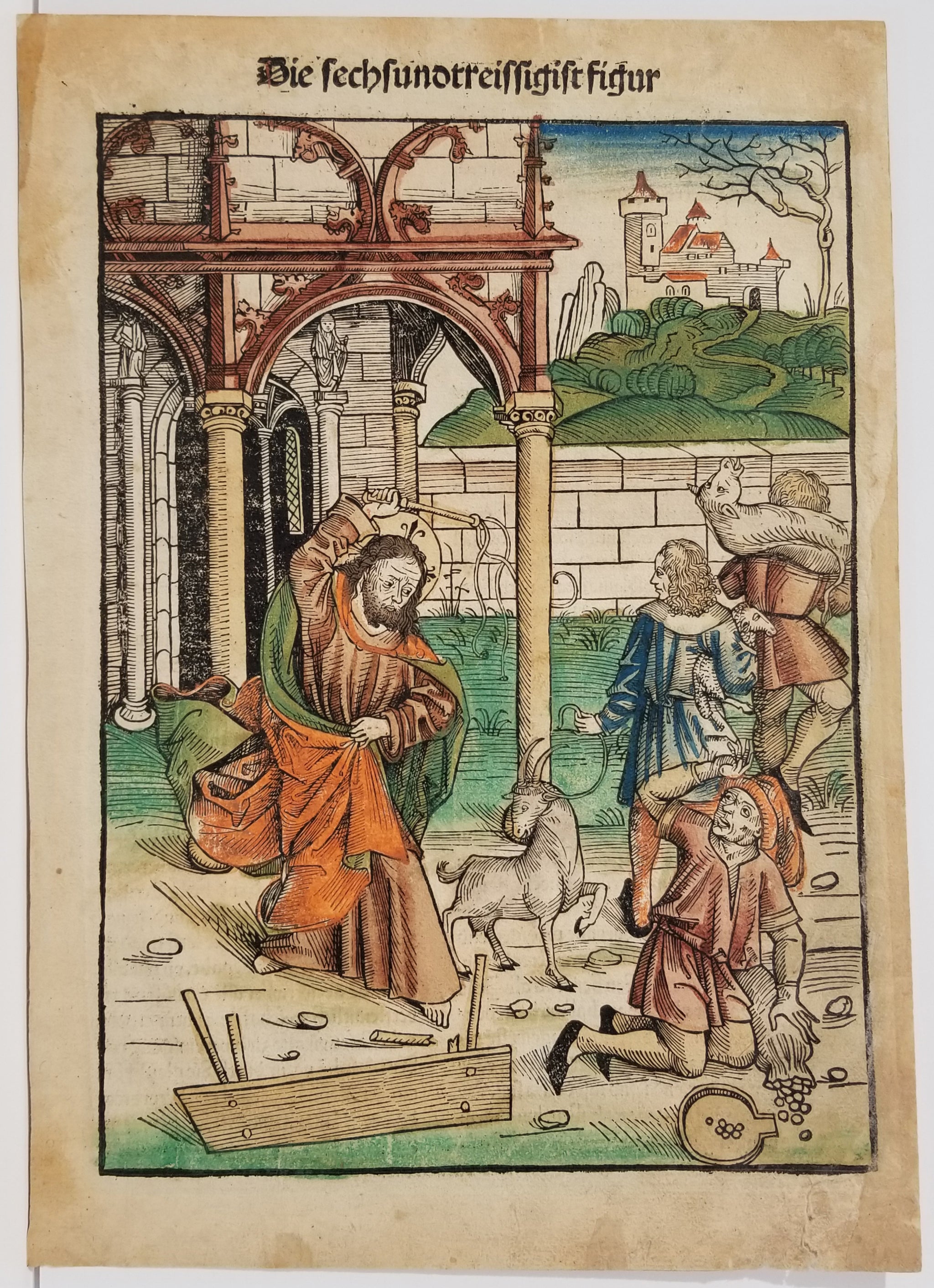 [Jésus chassant les marchands du temple. Jésus, devant le temple, fouet à la main, chasse les brebis et autres animaux destinés au sacrifice, disperse les monnaies des changeurs et renverse leurs tables]. 1491.