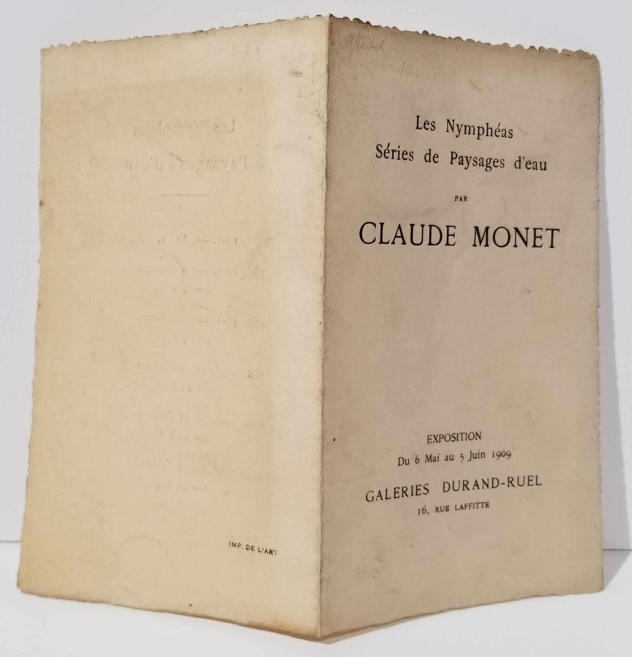 [Livret d'exposition des Galeries Durand-Ruel]. Les Nymphéas. Série de Paysages d'eau, par Claude Monet. 1909.