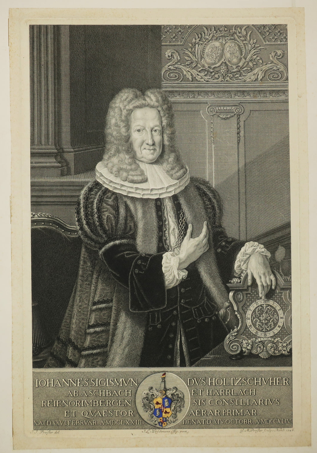 Portrait de Johann Siegmund Holzschuher (1673-1744), de face, portant perruque, collerette et toge avec doublure en fourrure, sa main gauche posée sur une horloge de table.  1746.