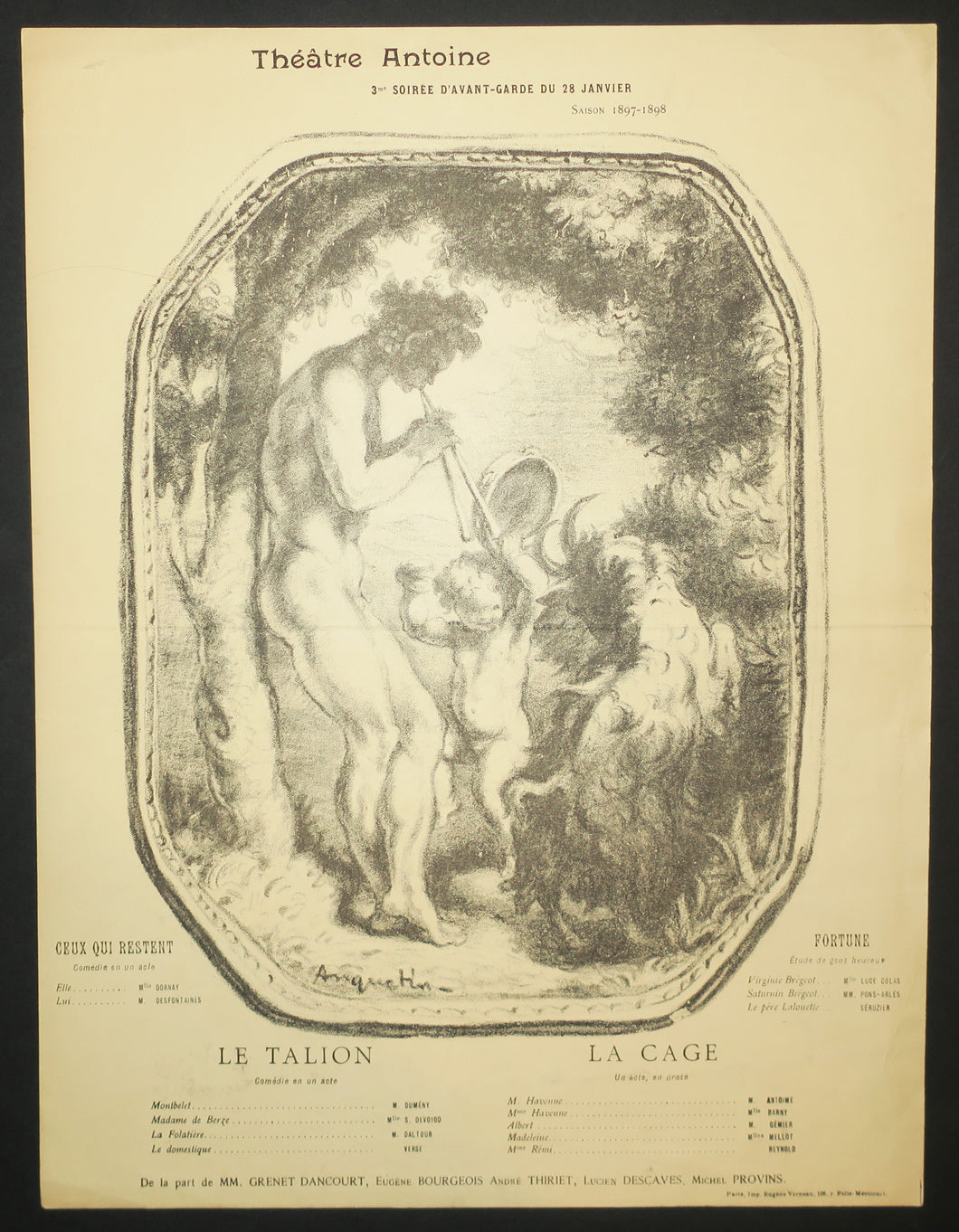 Programme pour le Théâtre Antoine: Le Talion; La Cage; Ceux qui restent; Fortune. 3ème Soirée d'avant-garde du 28 janvier 1898.