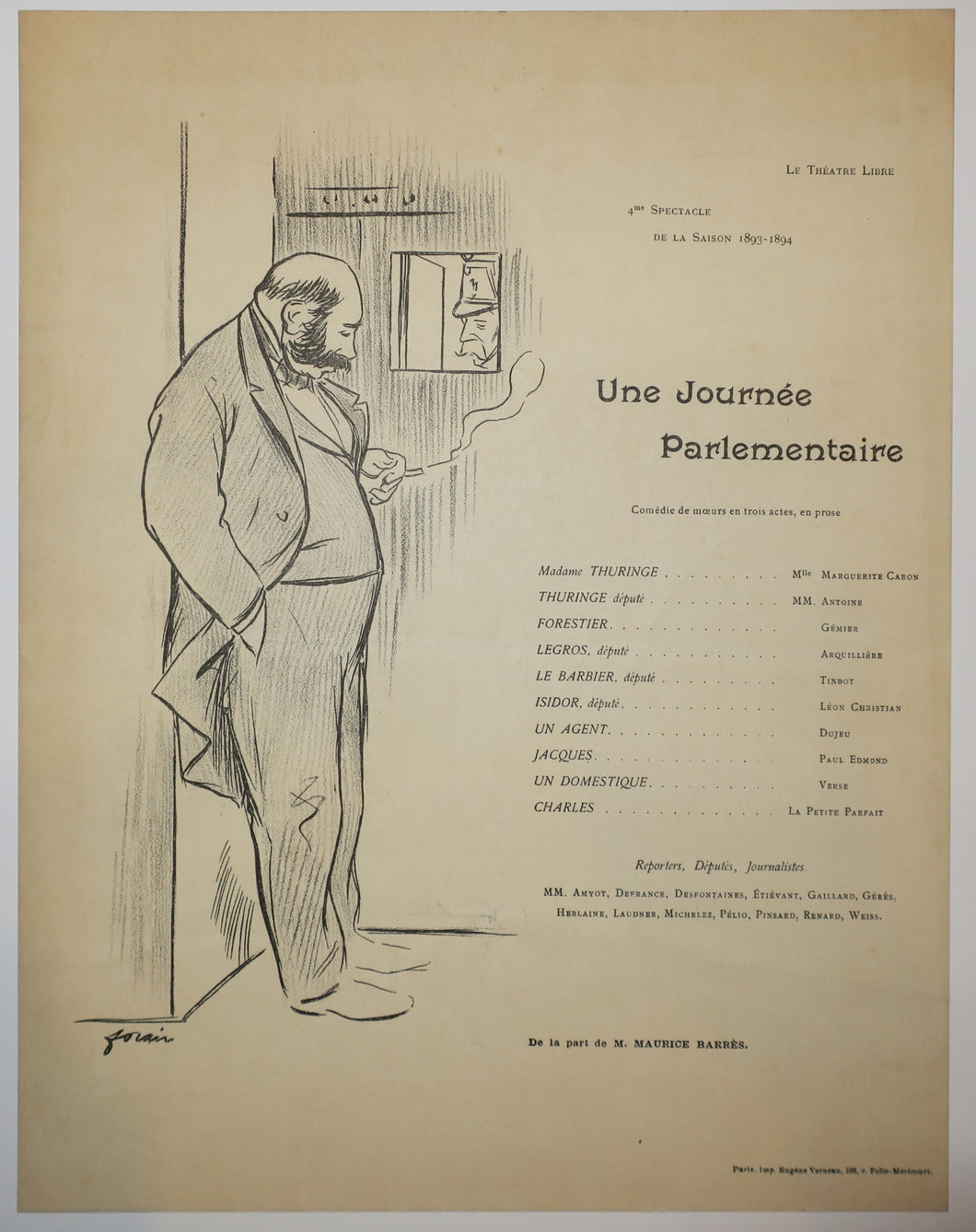 Programme pour Le Théâtre Libre: Une Journée Parlementaire, par Maurice Barrès, 4ème spectacle de la saison 1893-1894.