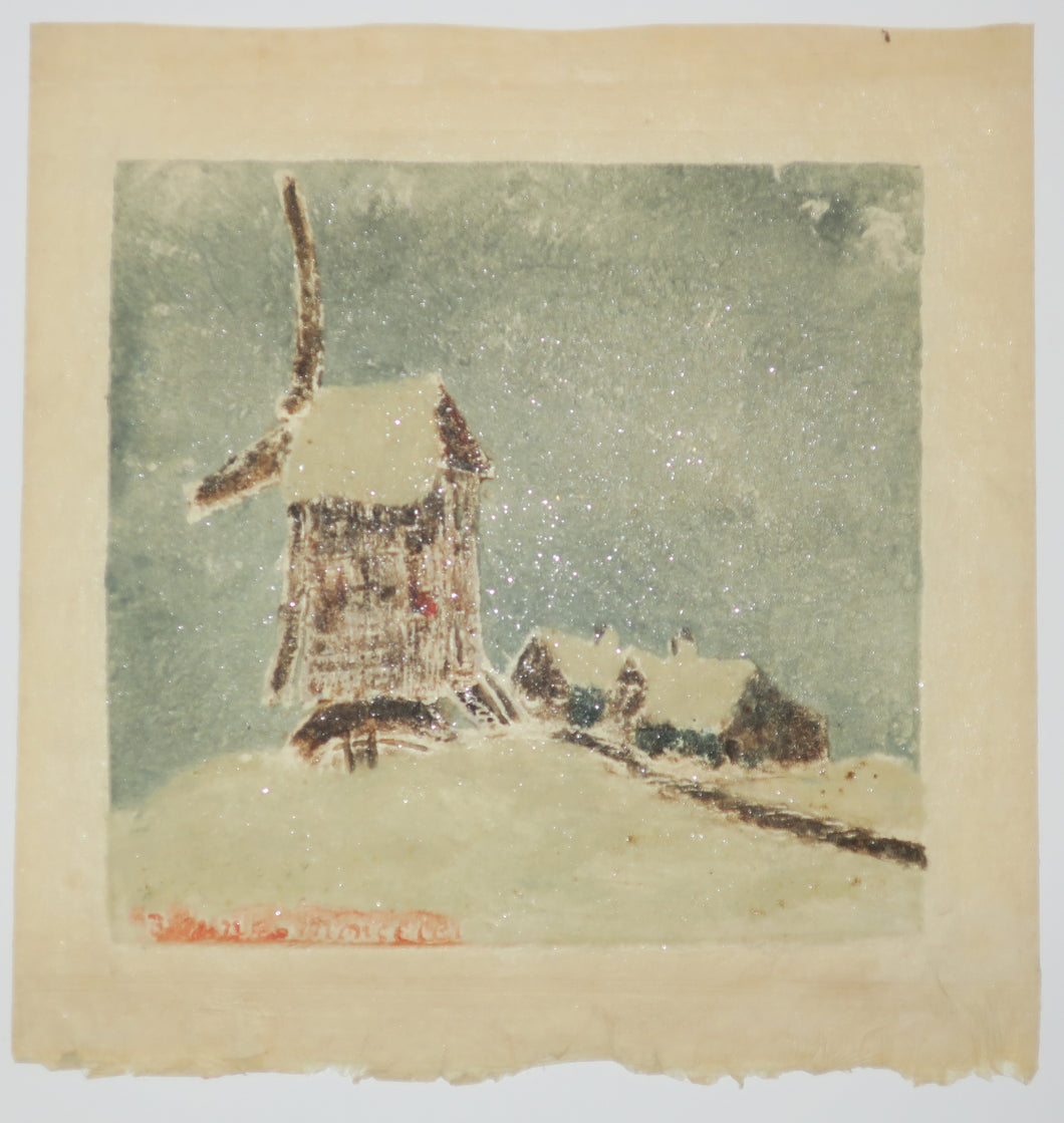 [Paysage sous la neige, moulin].